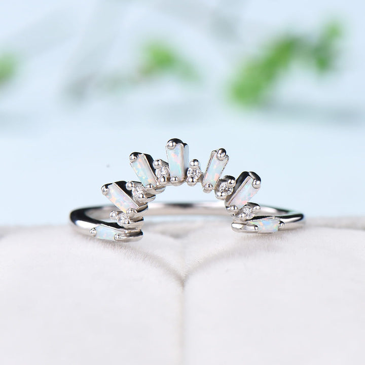 Vintage Curved White Opal Diamond Wedding Ring Women Baguette Fire Opal Stacking Band 14K White Gold Anniversary Ring Promise Ring For Her - PENFINE