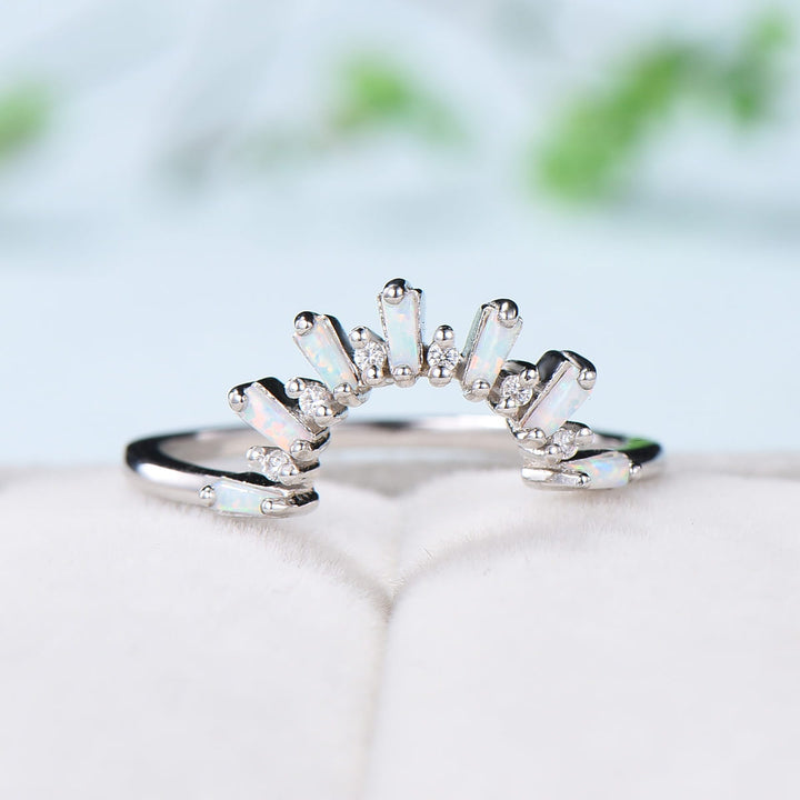 Vintage Curved White Opal Diamond Wedding Ring Women Baguette Fire Opal Stacking Band 14K White Gold Anniversary Ring Promise Ring For Her - PENFINE
