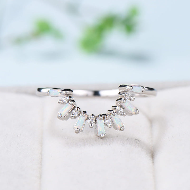 Vintage Curved White Opal Diamond Wedding Ring Women Baguette Fire Opal Stacking Band 14K White Gold Anniversary Ring Promise Ring For Her - PENFINE