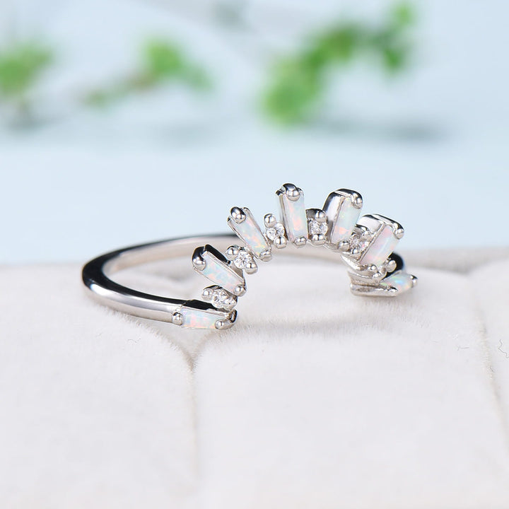 Vintage Curved White Opal Diamond Wedding Ring Women Baguette Fire Opal Stacking Band 14K White Gold Anniversary Ring Promise Ring For Her - PENFINE