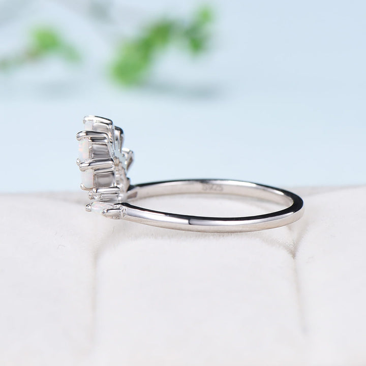 Vintage Curved White Opal Diamond Wedding Ring Women Baguette Fire Opal Stacking Band 14K White Gold Anniversary Ring Promise Ring For Her - PENFINE