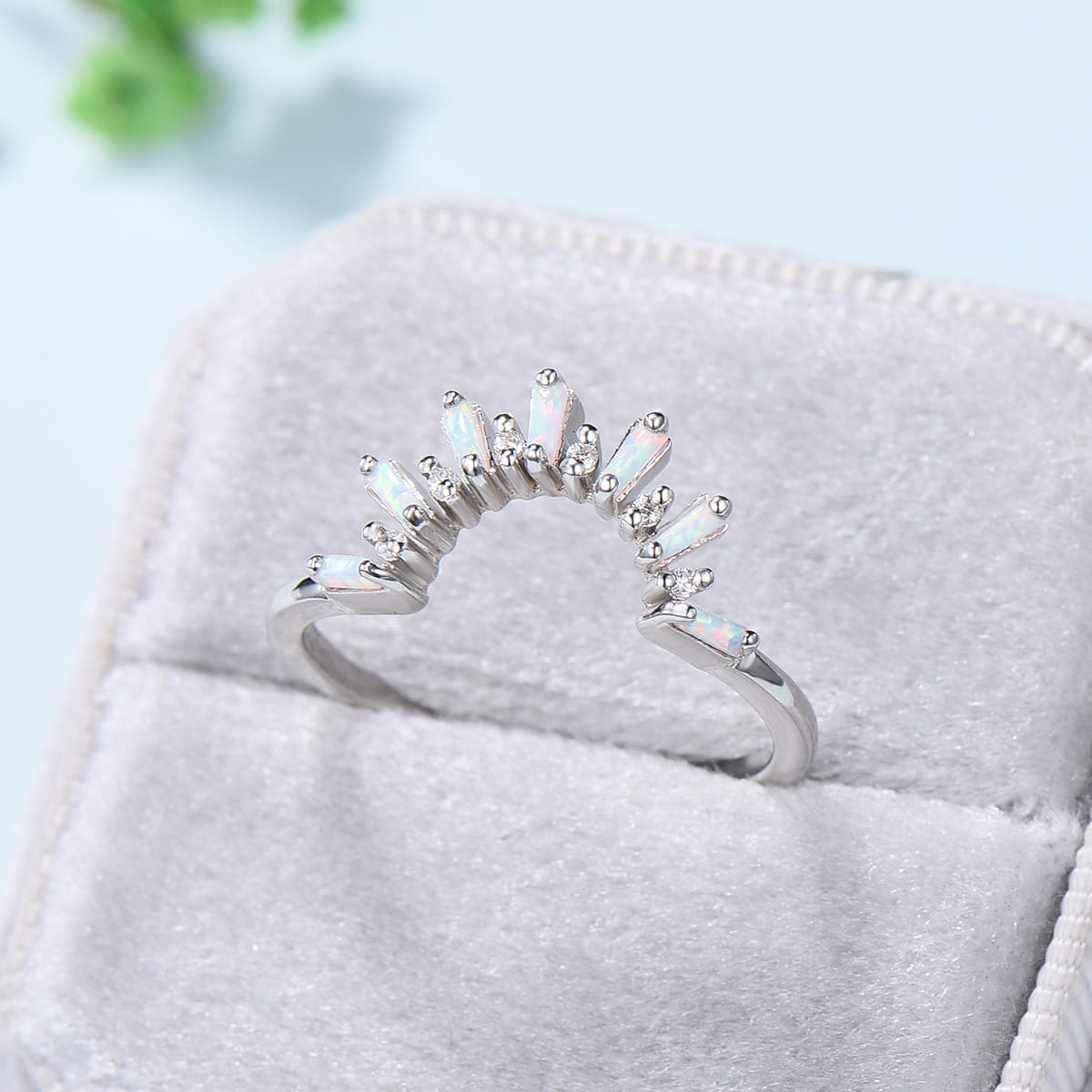 Vintage Curved White Opal Diamond Wedding Ring Women Baguette Fire Opal Stacking Band 14K White Gold Anniversary Ring Promise Ring For Her - PENFINE
