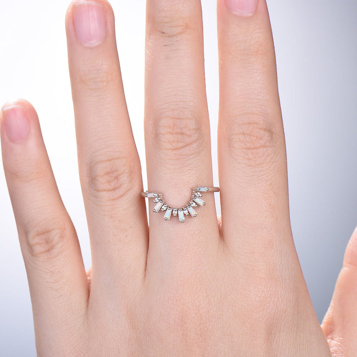 Vintage Curved White Opal Diamond Wedding Ring Women Baguette Fire Opal Stacking Band 14K White Gold Anniversary Ring Promise Ring For Her - PENFINE