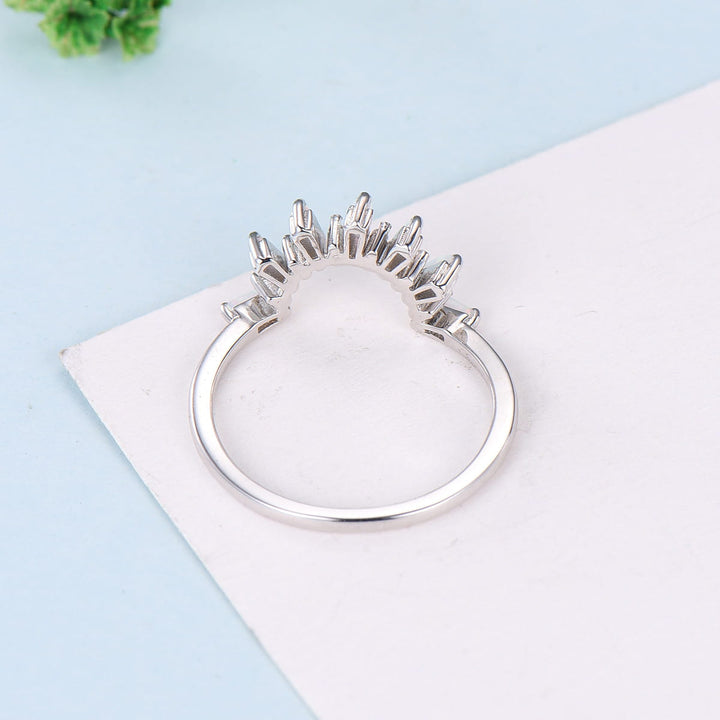 Vintage Curved White Opal Diamond Wedding Ring Women Baguette Fire Opal Stacking Band 14K White Gold Anniversary Ring Promise Ring For Her - PENFINE