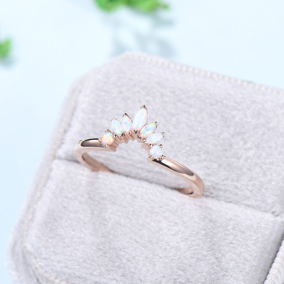 Vintage White Opal Wedding Ring Curved V Marquise Cut Fire Opal Wedding Band For Women Rose Gold Opal Stacking Art Deco Anniversary Ring - PENFINE