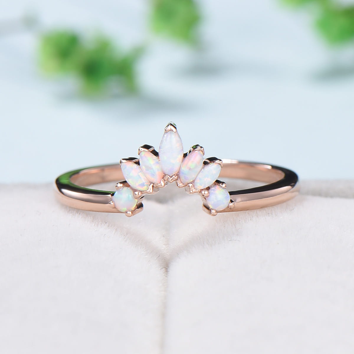 Vintage White Opal Wedding Ring Curved V Marquise Cut Fire Opal Wedding Band For Women Rose Gold Opal Stacking Art Deco Anniversary Ring - PENFINE