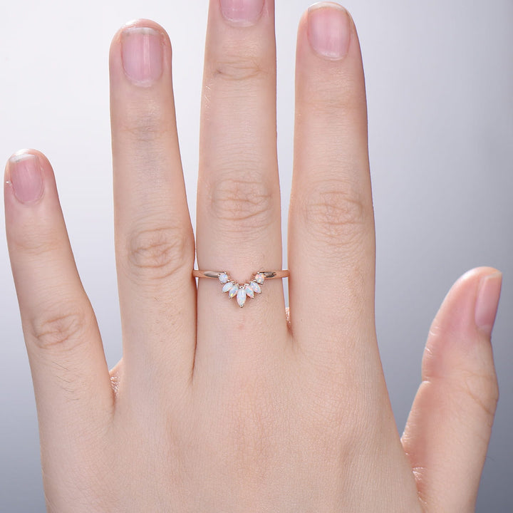 Vintage White Opal Wedding Ring Curved V Marquise Cut Fire Opal Wedding Band For Women Rose Gold Opal Stacking Art Deco Anniversary Ring - PENFINE