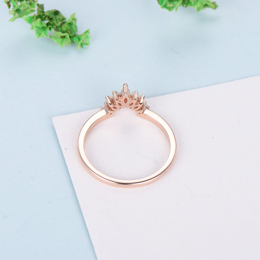 Vintage White Opal Wedding Ring Curved V Marquise Cut Fire Opal Wedding Band For Women Rose Gold Opal Stacking Art Deco Anniversary Ring - PENFINE