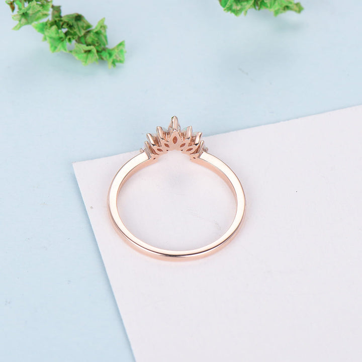 Vintage White Opal Wedding Ring Curved V Marquise Cut Fire Opal Wedding Band For Women Rose Gold Opal Stacking Art Deco Anniversary Ring - PENFINE