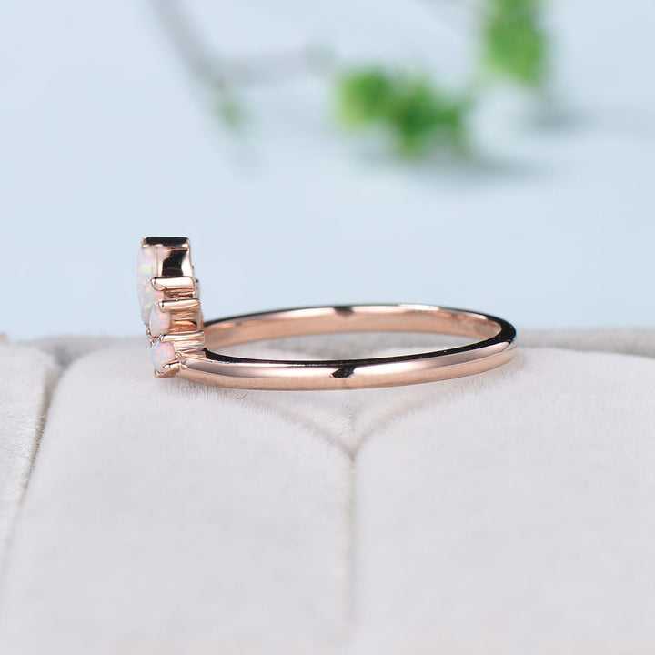 Vintage White Opal Wedding Ring Curved V Marquise Cut Fire Opal Wedding Band For Women Rose Gold Opal Stacking Art Deco Anniversary Ring - PENFINE
