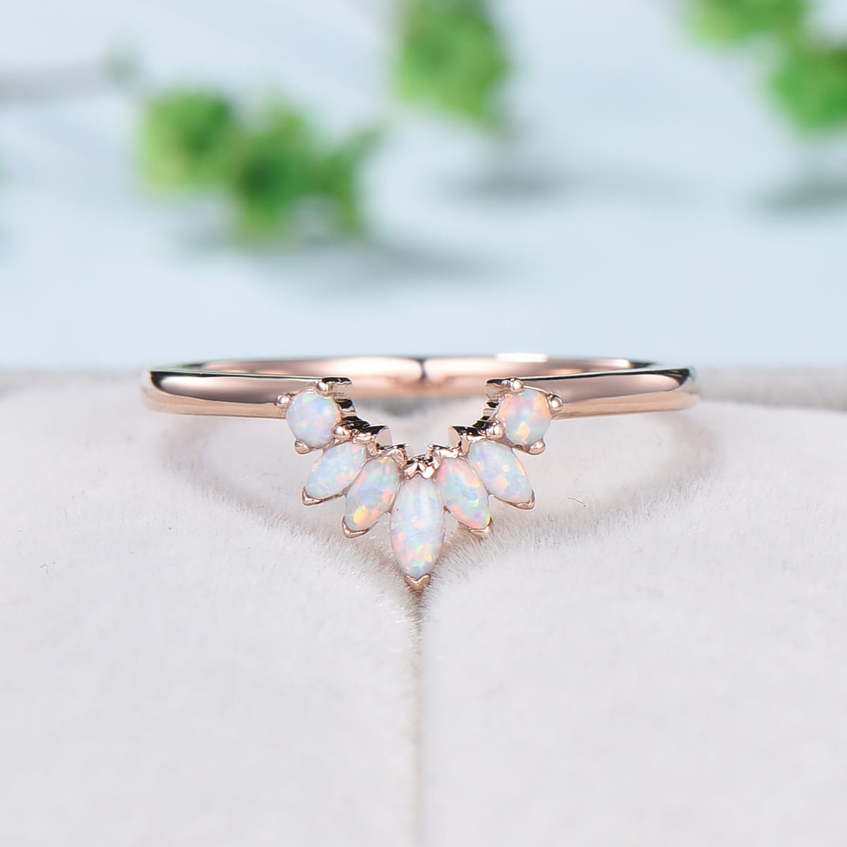 Vintage White Opal Wedding Ring Curved V Marquise Cut Fire Opal Wedding Band For Women Rose Gold Opal Stacking Art Deco Anniversary Ring - PENFINE