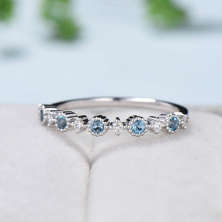 Dainty London Blue Wedding Band White Gold Half Eternity Milgrain Topaz Stacking Band Anniversary Ring Art Deco Matching Band Promise Ring - PENFINE