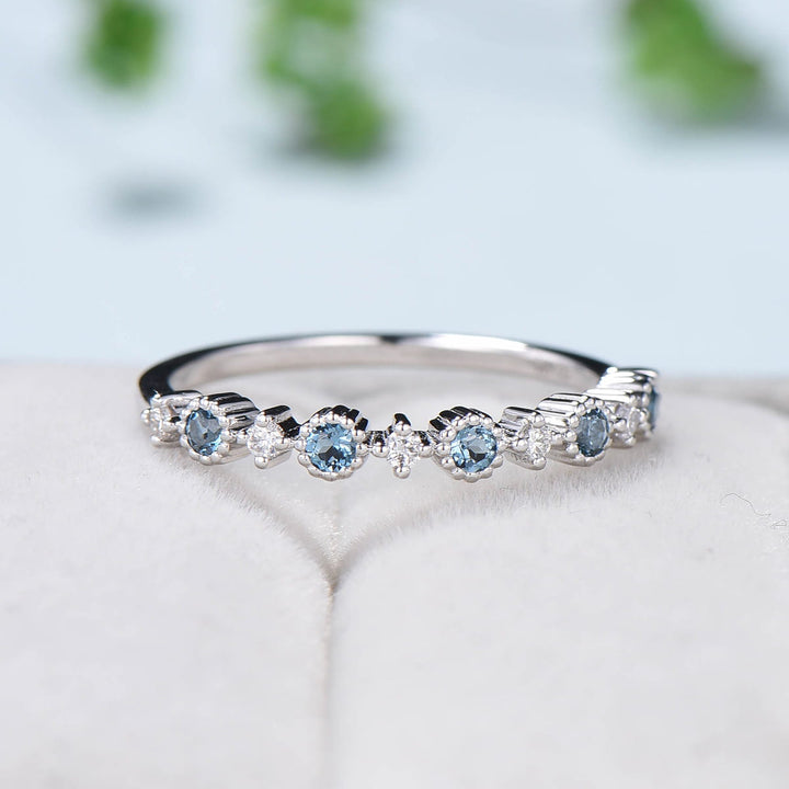 Dainty London Blue Wedding Band White Gold Half Eternity Milgrain Topaz Stacking Band Anniversary Ring Art Deco Matching Band Promise Ring - PENFINE