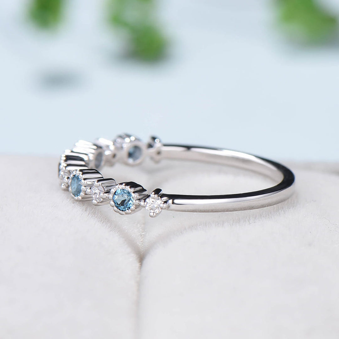 Dainty London Blue Wedding Band White Gold Half Eternity Milgrain Topaz Stacking Band Anniversary Ring Art Deco Matching Band Promise Ring - PENFINE