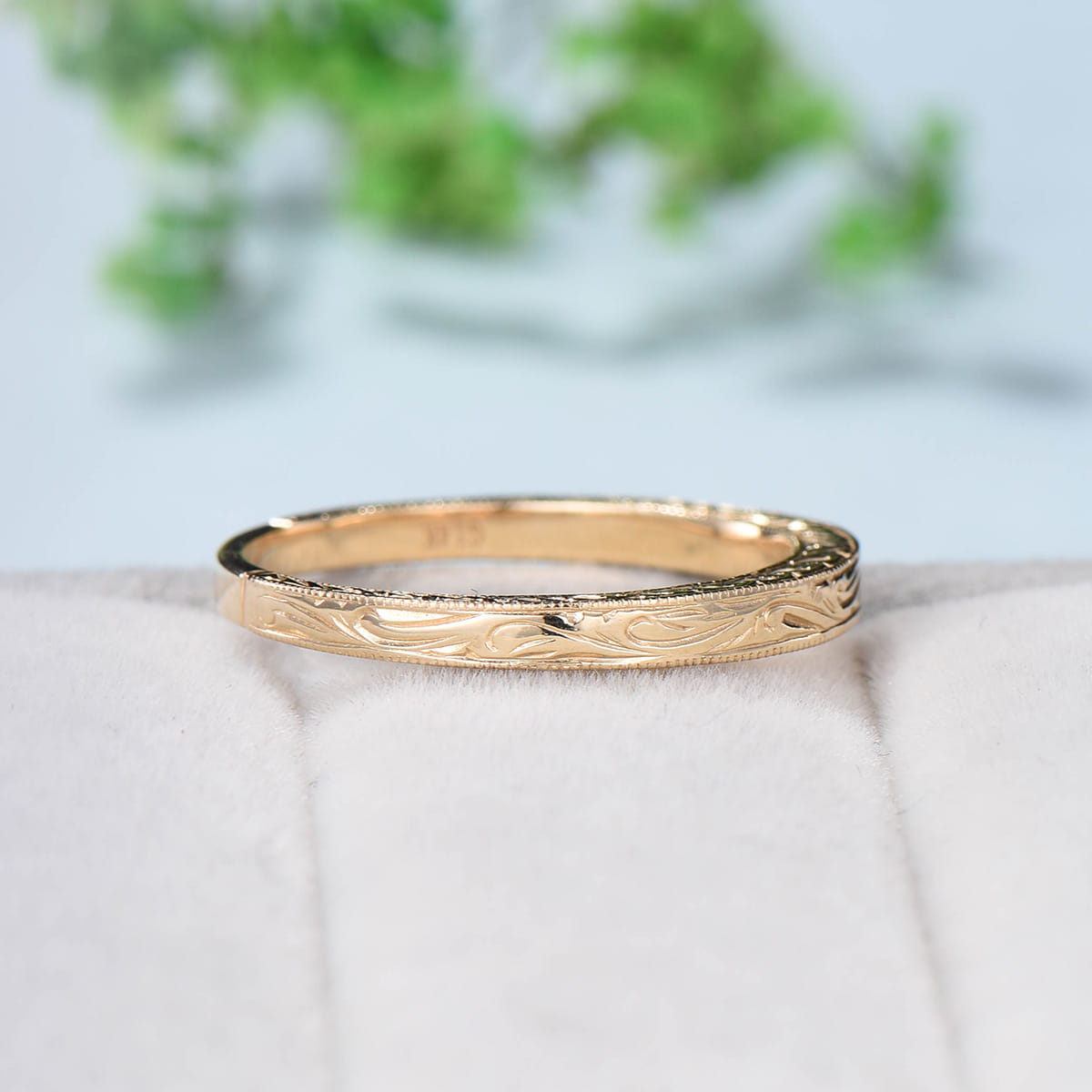 Solid 14k Plain Yellow Gold Wedding Ring Filigree Milgrain Edge Wedding Band Women Floral Design Stacking Retro Vintage Anniversary Ring - PENFINE