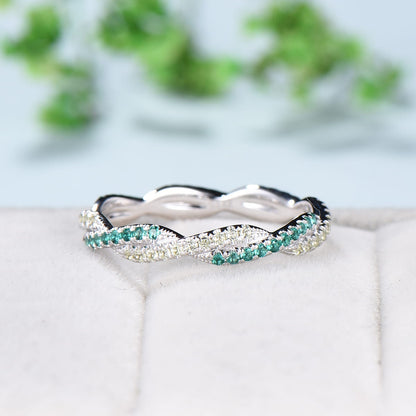 Twisted wedding band 14k white gold unique full eternity emerald and peridot stackable wedding ring August birthstone ring anniversary gift - PENFINE