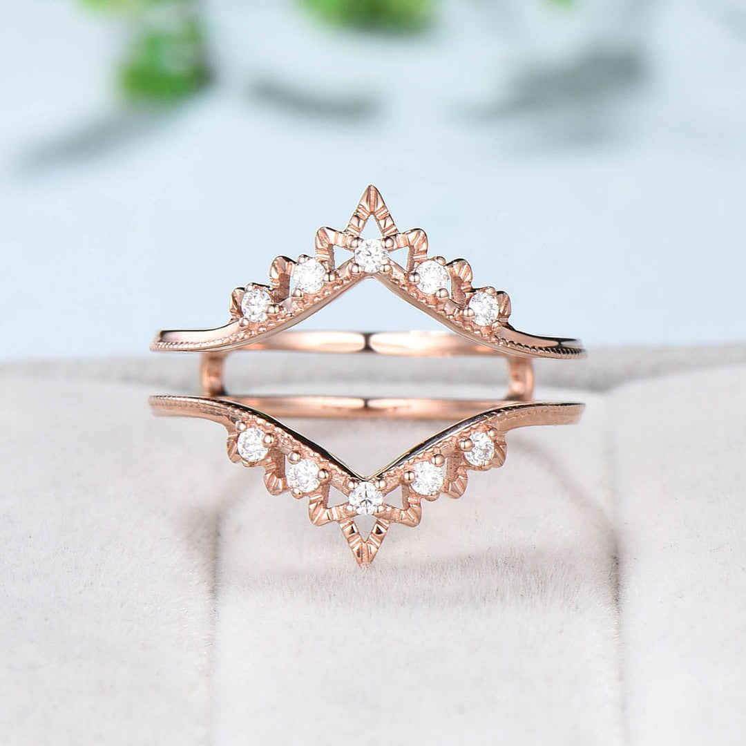 Double Curved V Moissanite Wedding Band Ladies Rose gold Wedding Promise Ring Women Art Deco Diamond Stacking Bridal Matching Ring For Her - PENFINE