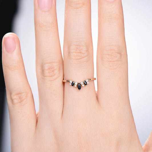 Vintage Yellow gold Black Spinel Wedding Band Marquise cut Wedding ring Unique ladies Stacking matching band Black Stone Anniversary gift - PENFINE