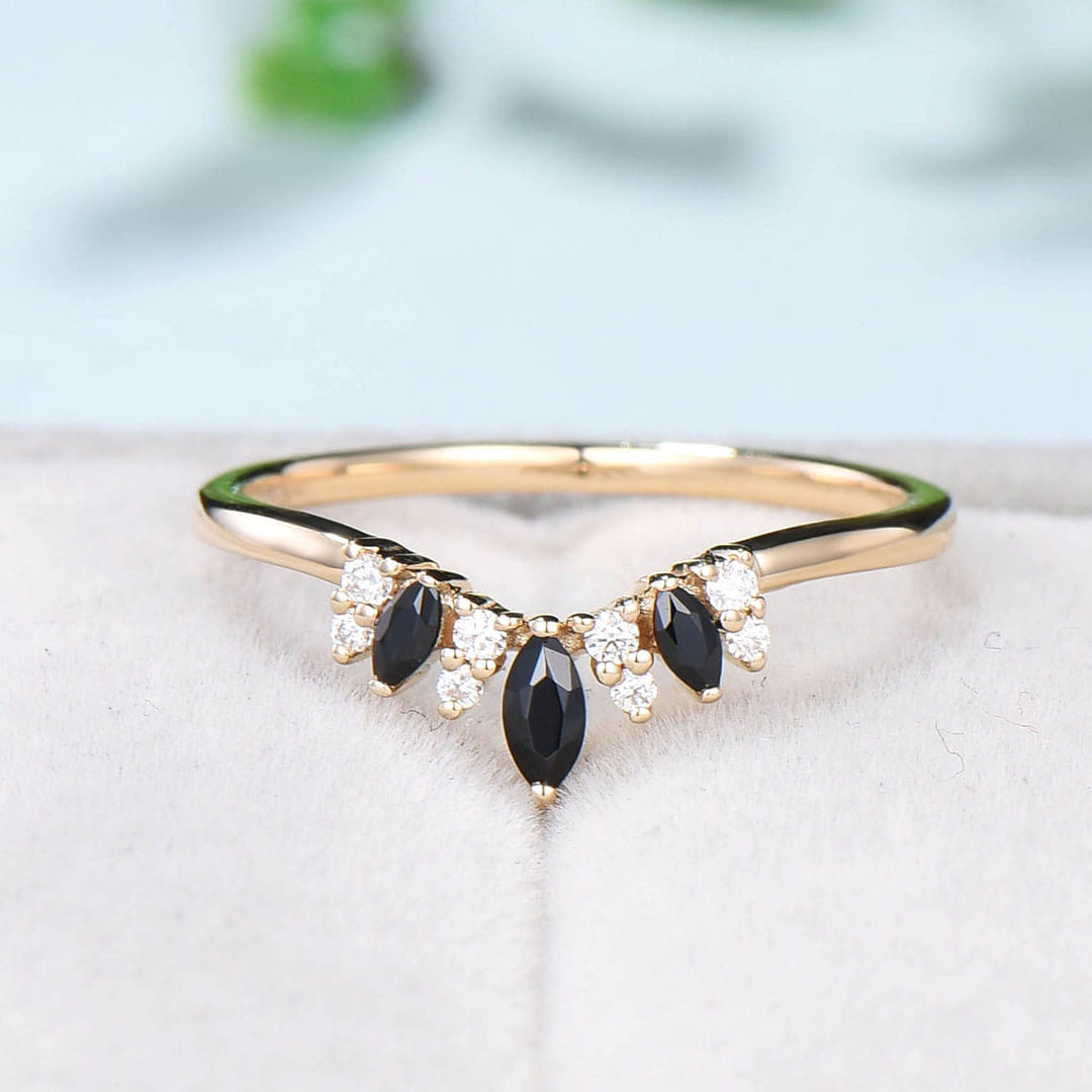 Vintage Yellow gold  Black Spinel Wedding Band Marquise cut Wedding ring Unique ladies Stacking matching band Black Stone Anniversary gift - PENFINE