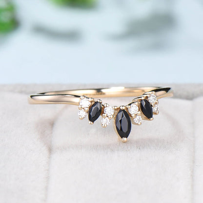 Vintage Yellow gold  Black Spinel Wedding Band Marquise cut Wedding ring Unique ladies Stacking matching band Black Stone Anniversary gift - PENFINE