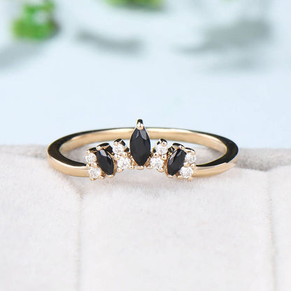 Vintage Yellow gold  Black Spinel Wedding Band Marquise cut Wedding ring Unique ladies Stacking matching band Black Stone Anniversary gift - PENFINE