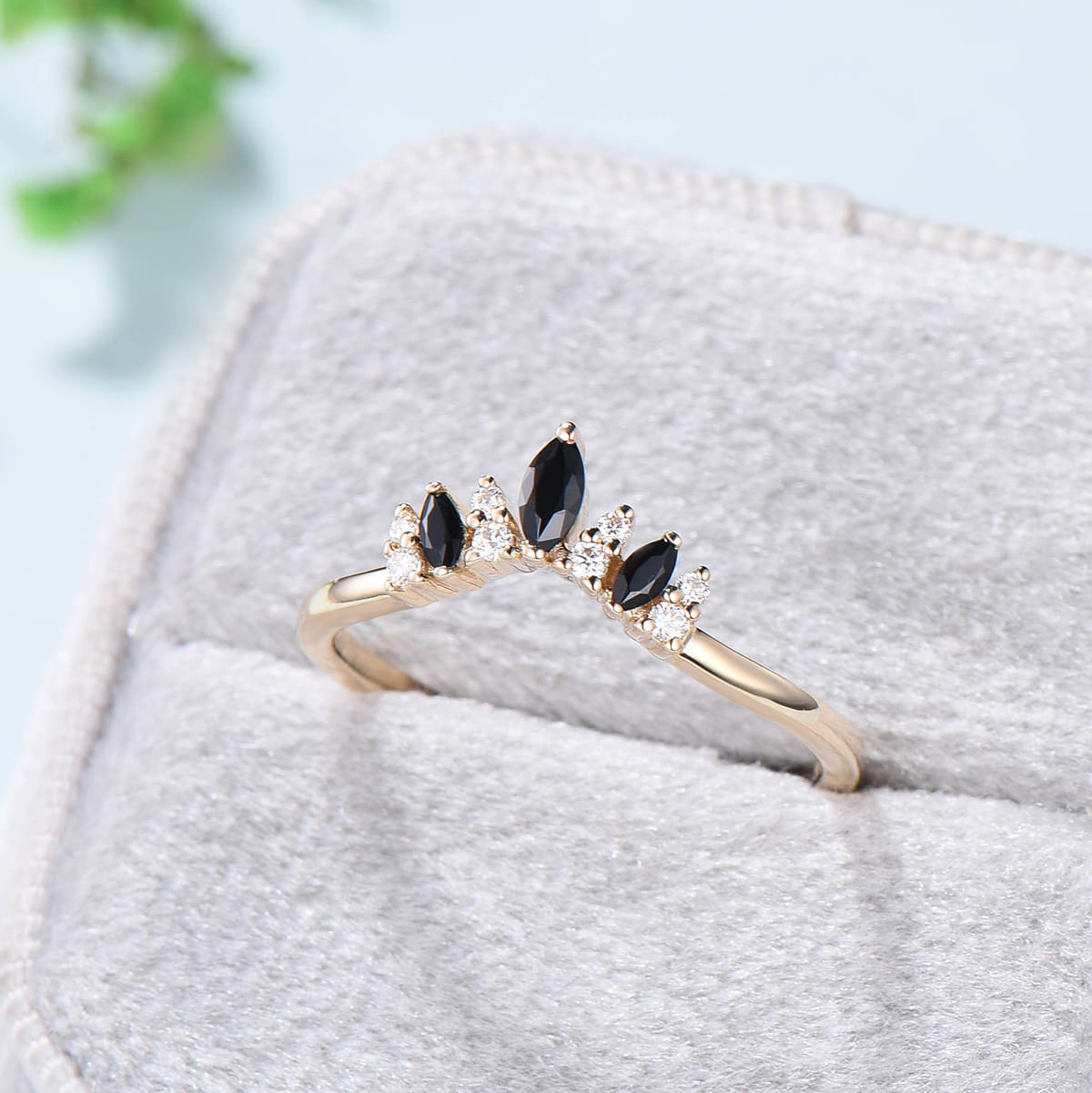 Vintage Yellow gold  Black Spinel Wedding Band Marquise cut Wedding ring Unique ladies Stacking matching band Black Stone Anniversary gift - PENFINE
