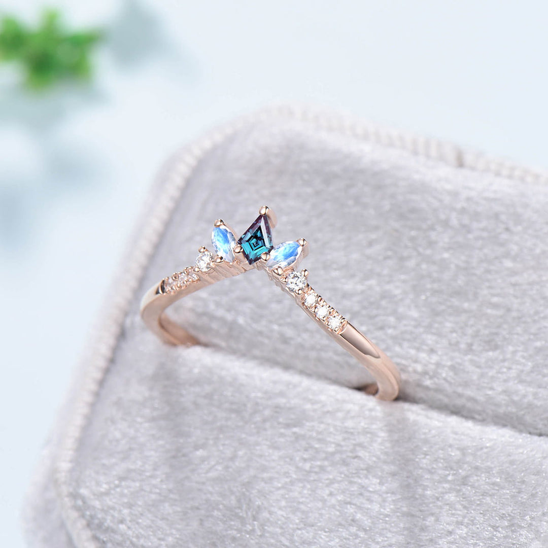 Art Deco Kite Alexandrite Wedding Ring Marquise Moonstone Wedding Band Eternity Moissanite Stacking Ring Women Unique V Curved Band Gift - PENFINE