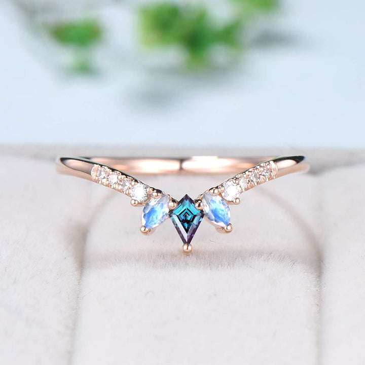 Art Deco Kite Alexandrite Wedding Ring Marquise Moonstone Wedding Band Eternity Moissanite Stacking Ring Women Unique V Curved Band Gift - PENFINE