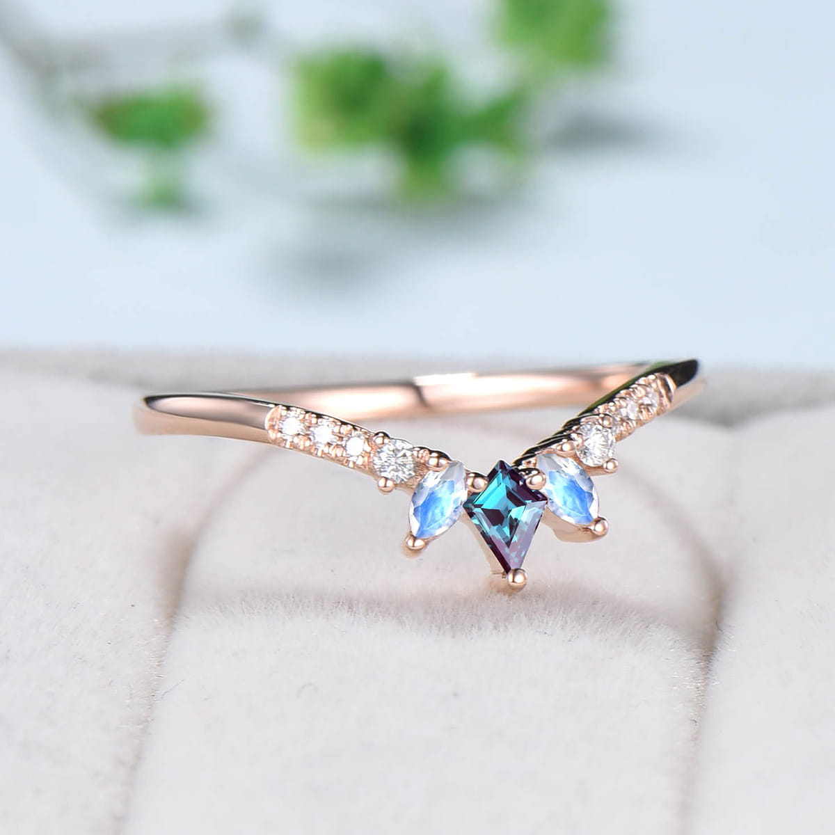 Art Deco Kite Alexandrite Wedding Ring Marquise Moonstone Wedding Band Eternity Moissanite Stacking Ring Women Unique V Curved Band Gift - PENFINE