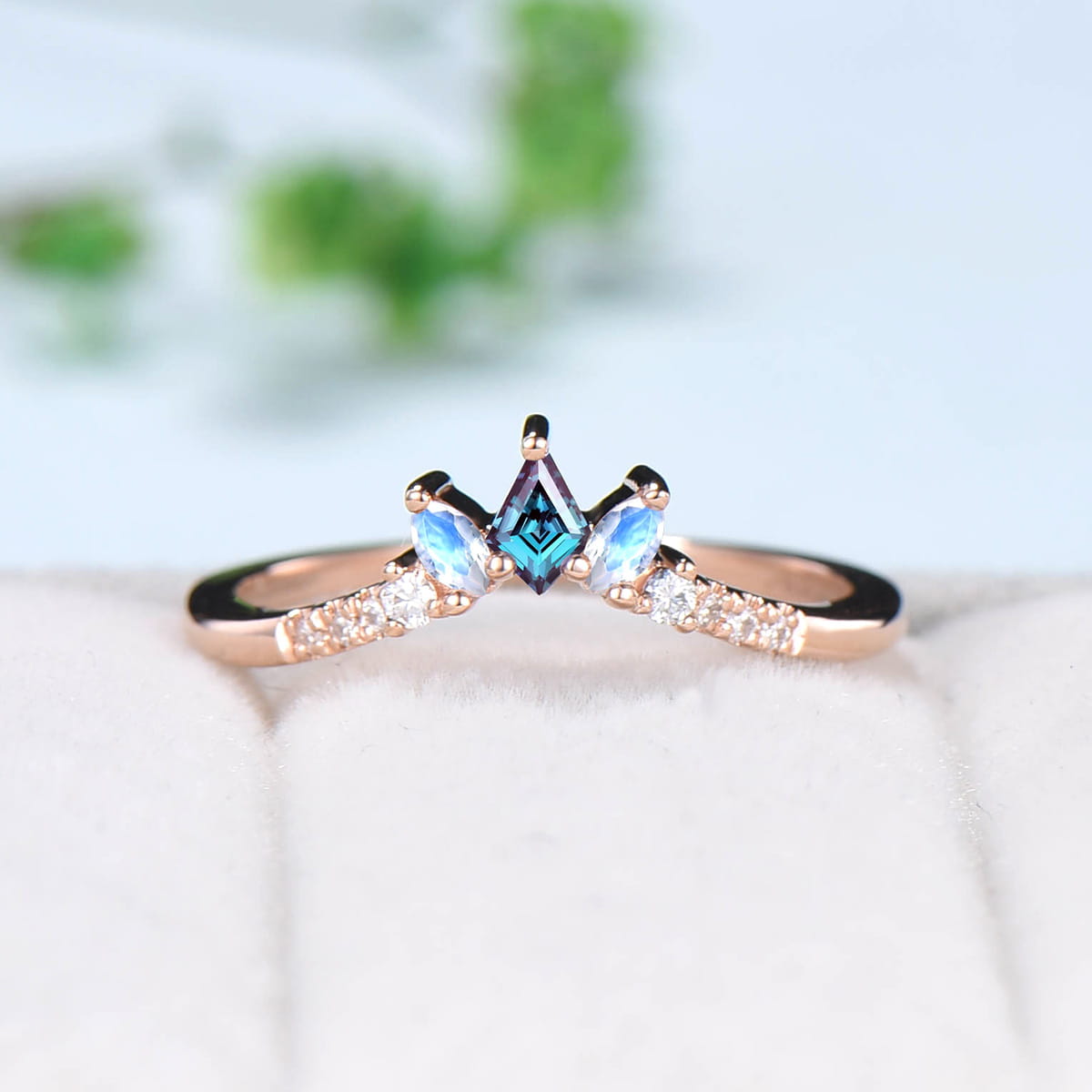 Art Deco Kite Alexandrite Wedding Ring Marquise Moonstone Wedding Band Eternity Moissanite Stacking Ring Women Unique V Curved Band Gift - PENFINE