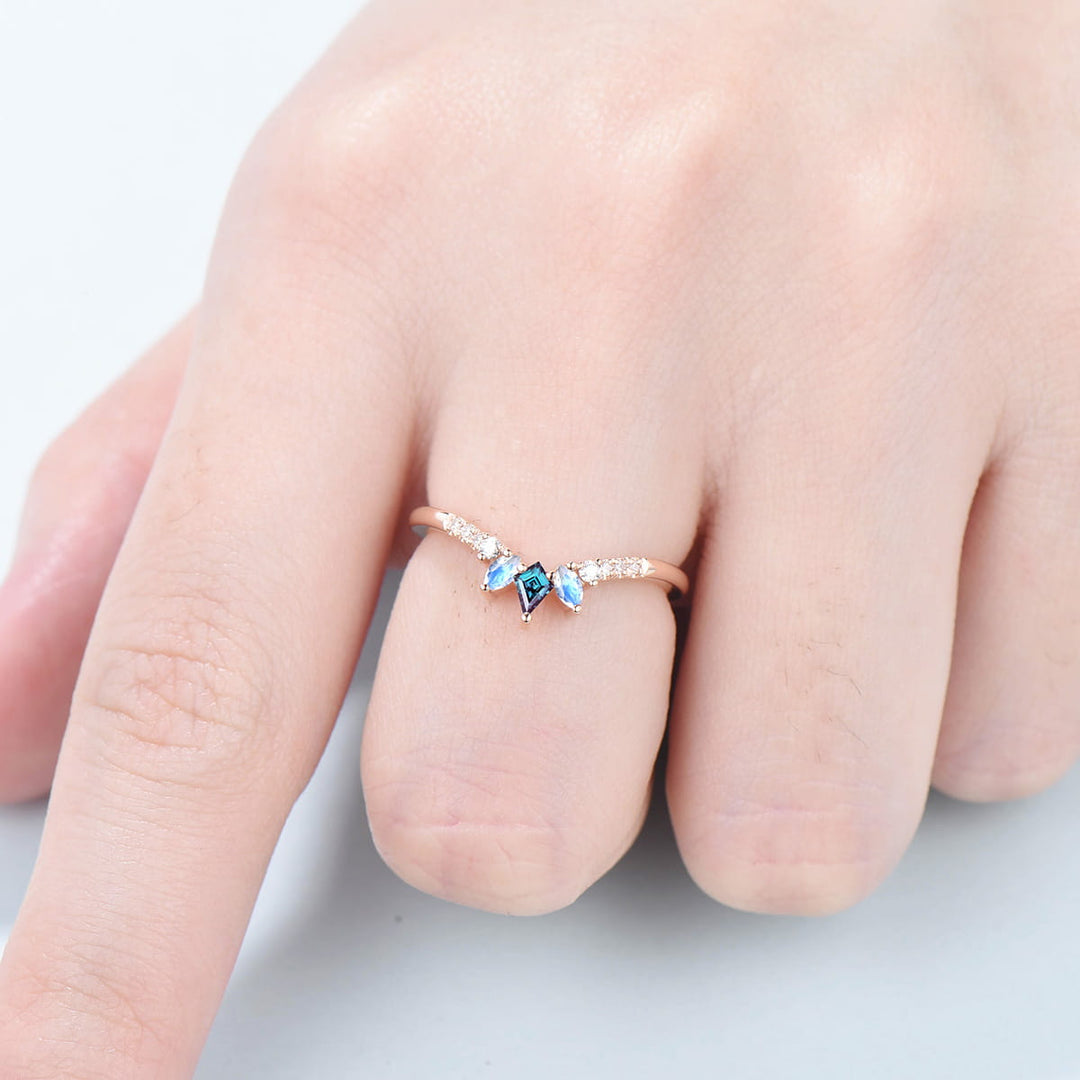 Art Deco Kite Alexandrite Wedding Ring Marquise Moonstone Wedding Band Eternity Moissanite Stacking Ring Women Unique V Curved Band Gift - PENFINE