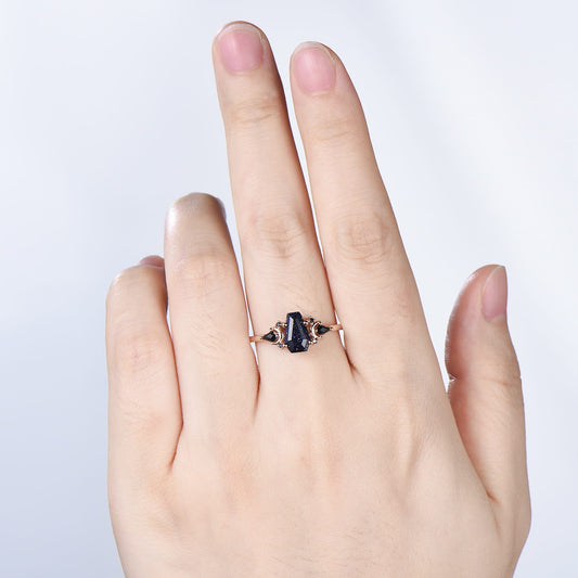 Coffin Blue Sandstone Ring, Kite Black Spinel, Rose Gold Wedding Band