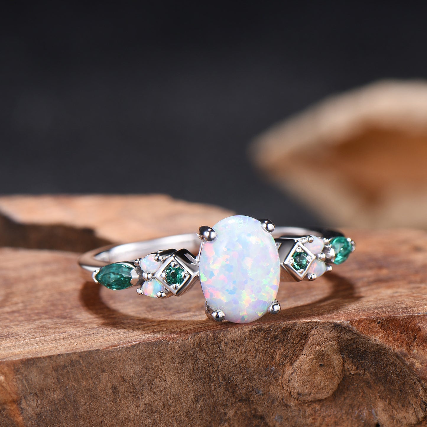 Vintage White Opal Engagement Ring Cluster Emerald Fire Opal Wedding Ring October Birthstone Bridal Ring Rose Gold Anniversary Ring Women - PENFINE