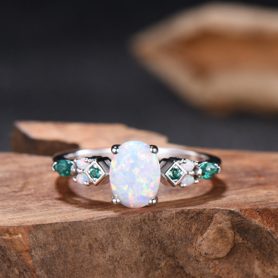 Vintage White Opal Engagement Ring Cluster Emerald Fire Opal Wedding Ring October Birthstone Bridal Ring Rose Gold Anniversary Ring Women - PENFINE