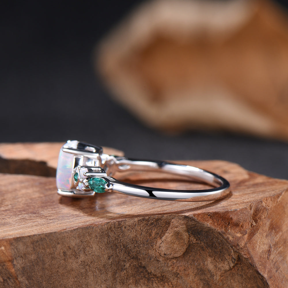 Vintage White Opal Engagement Ring Cluster Emerald Fire Opal Wedding Ring October Birthstone Bridal Ring Rose Gold Anniversary Ring Women - PENFINE