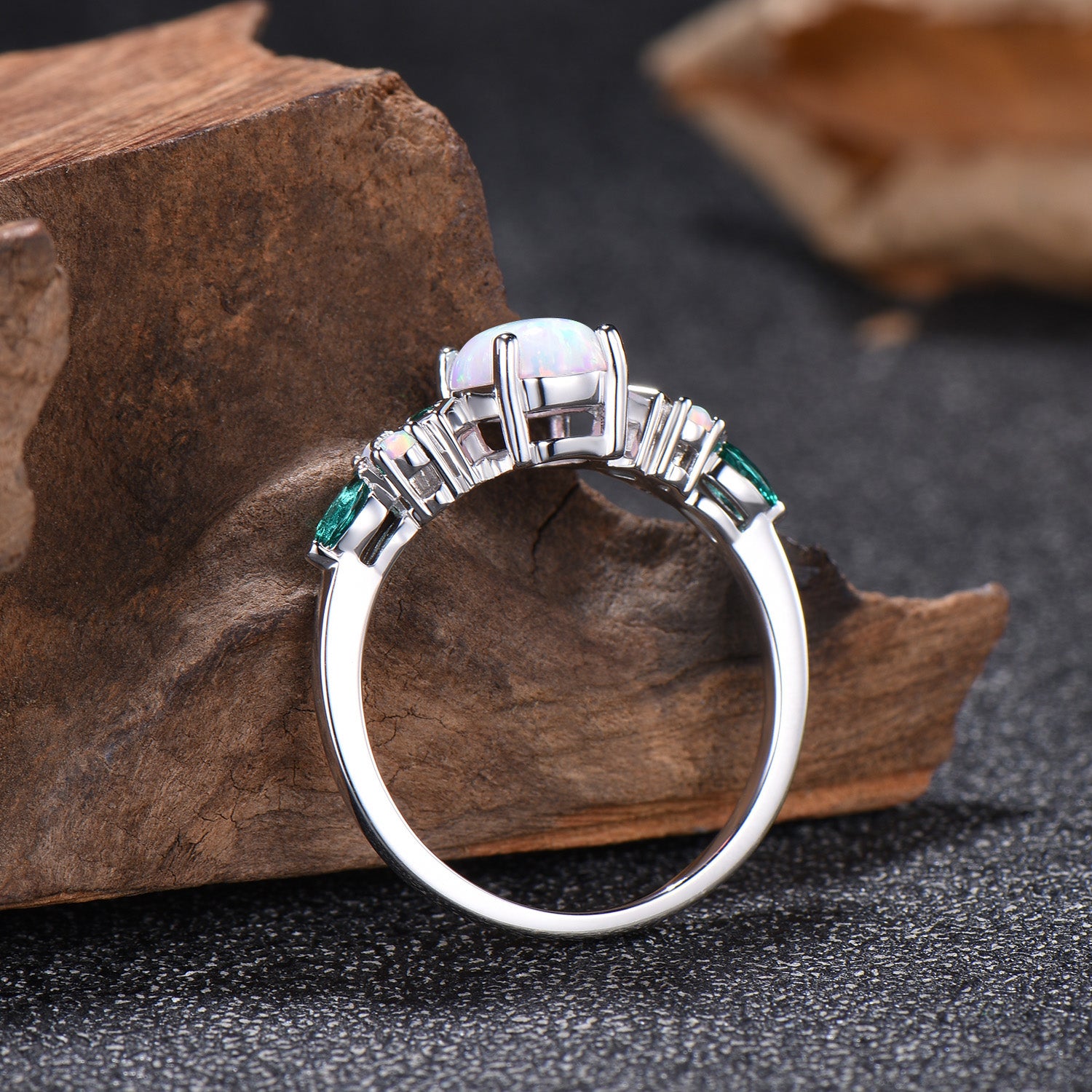 Vintage White Opal Engagement Ring Cluster Emerald Fire Opal Wedding Ring October Birthstone Bridal Ring Rose Gold Anniversary Ring Women - PENFINE