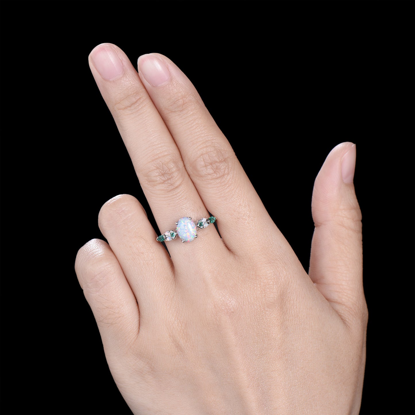Vintage White Opal Engagement Ring Cluster Emerald Fire Opal Wedding Ring October Birthstone Bridal Ring Rose Gold Anniversary Ring Women - PENFINE