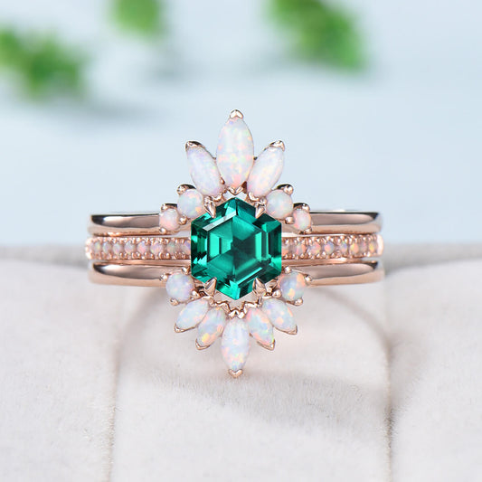 Vintage emerald engagement ring set rose gold art deco fire opal wedding ring set for women  Unique crown stacking band flower bridal set - PENFINE