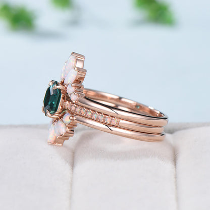 Vintage emerald engagement ring set rose gold art deco fire opal wedding ring set for women  Unique crown stacking band flower bridal set - PENFINE