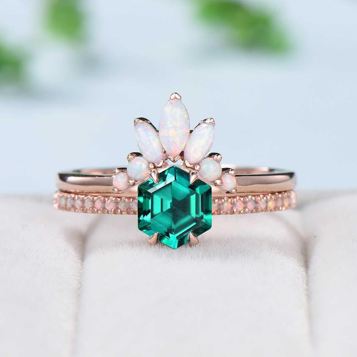 Vintage emerald engagement ring set rose gold art deco fire opal wedding ring set for women  Unique crown stacking band flower bridal set - PENFINE