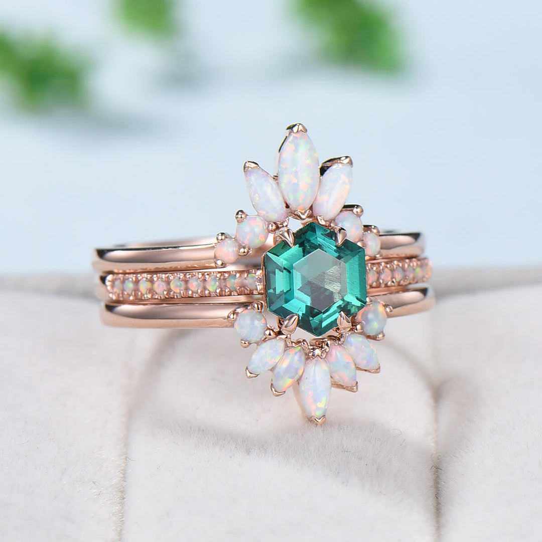 Vintage emerald engagement ring set rose gold art deco fire opal wedding ring set for women  Unique crown stacking band flower bridal set - PENFINE