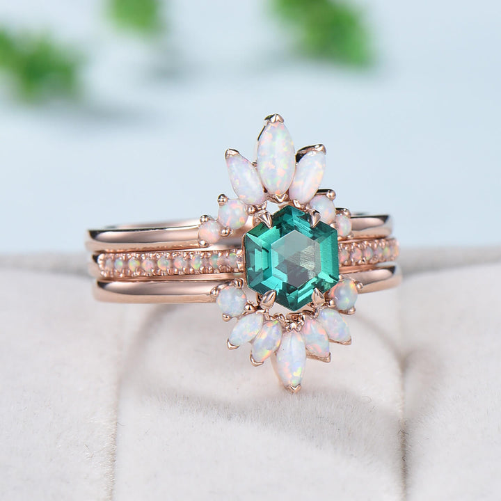 Vintage emerald engagement ring set rose gold art deco fire opal wedding ring set for women  Unique crown stacking band flower bridal set - PENFINE
