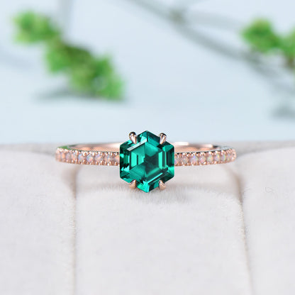 Vintage emerald engagement ring set rose gold art deco fire opal wedding ring set for women  Unique crown stacking band flower bridal set - PENFINE