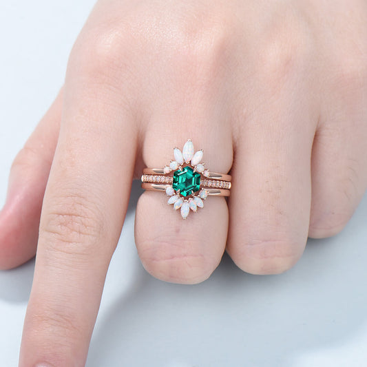 Vintage emerald engagement ring set rose gold art deco fire opal wedding ring set for women Unique crown stacking band flower bridal set - PENFINE