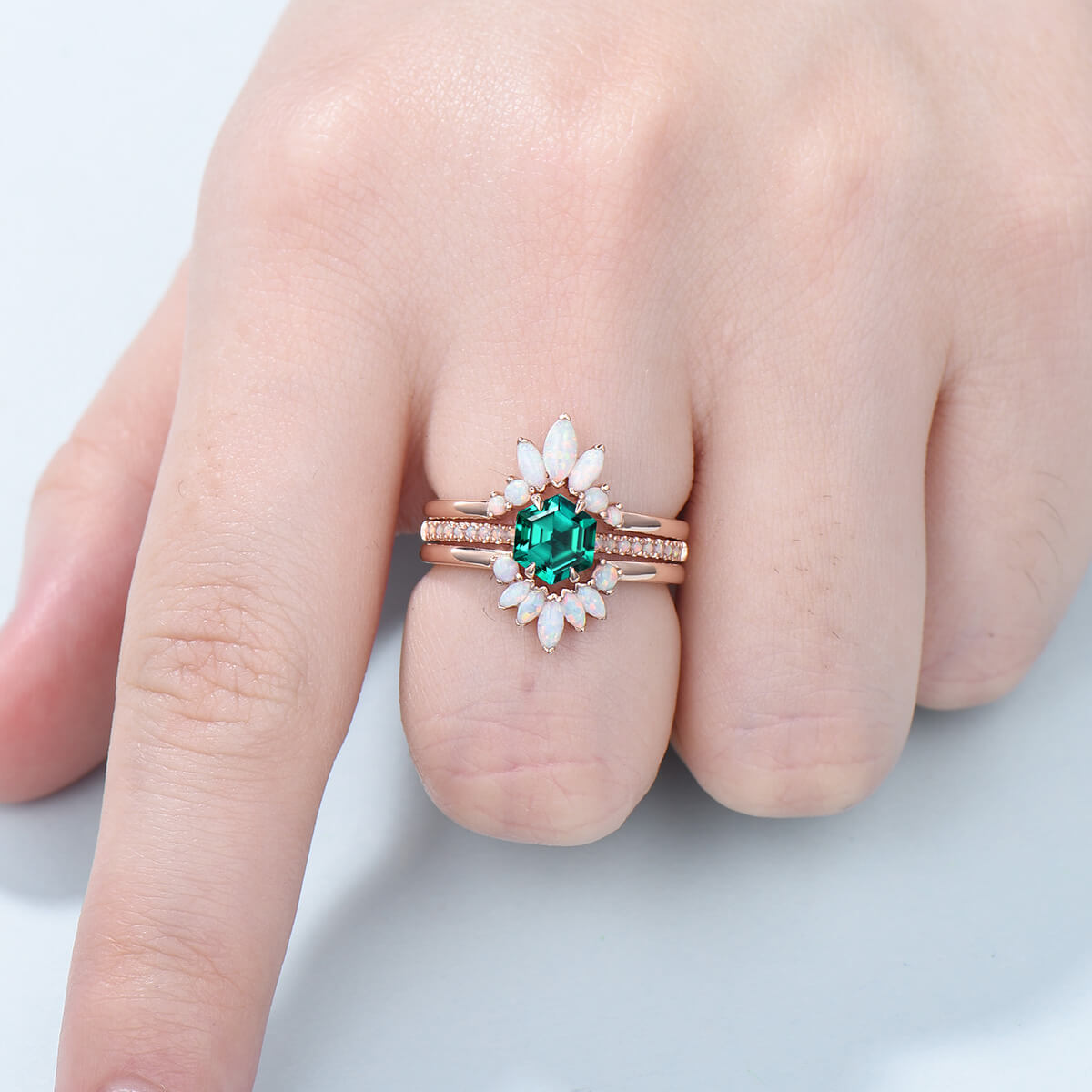 Vintage emerald engagement ring set rose gold art deco fire opal wedding ring set for women  Unique crown stacking band flower bridal set - PENFINE