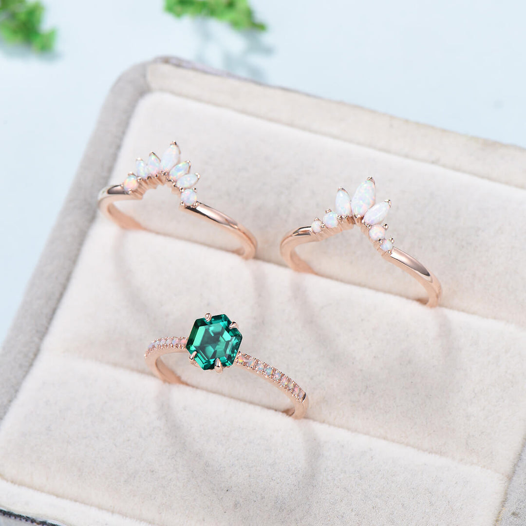 Vintage emerald engagement ring set rose gold art deco fire opal wedding ring set for women  Unique crown stacking band flower bridal set - PENFINE