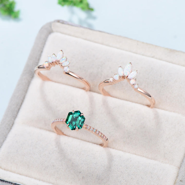Vintage emerald engagement ring set rose gold art deco fire opal wedding ring set for women  Unique crown stacking band flower bridal set - PENFINE