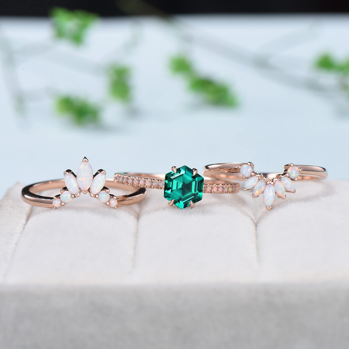 Vintage emerald engagement ring set rose gold art deco fire opal wedding ring set for women  Unique crown stacking band flower bridal set - PENFINE