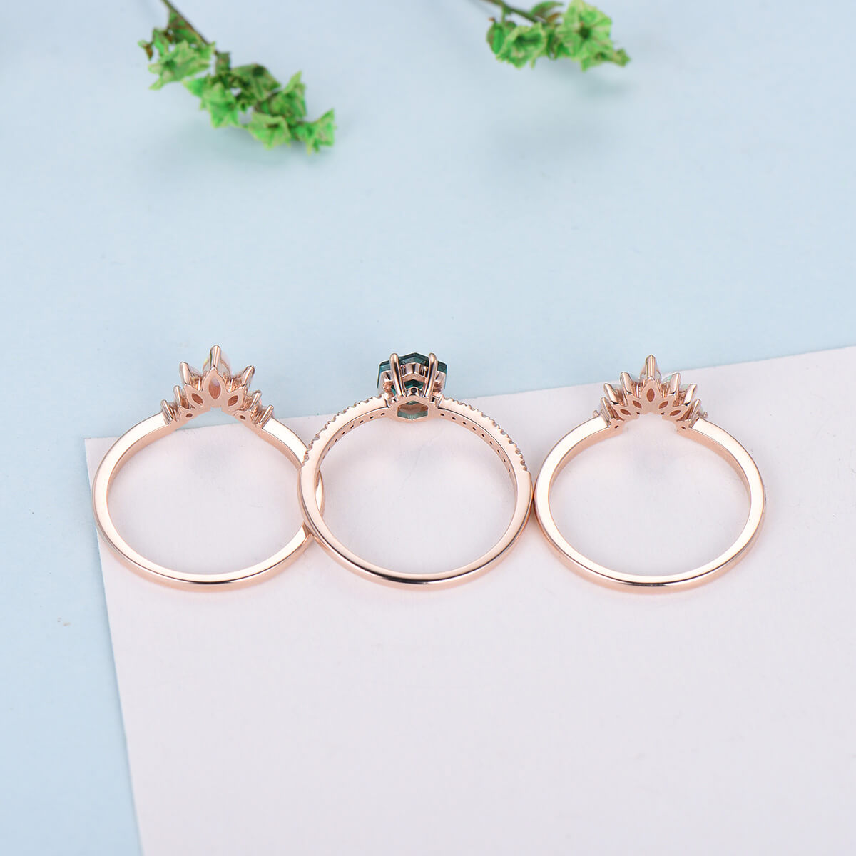 Vintage emerald engagement ring set rose gold art deco fire opal wedding ring set for women  Unique crown stacking band flower bridal set - PENFINE