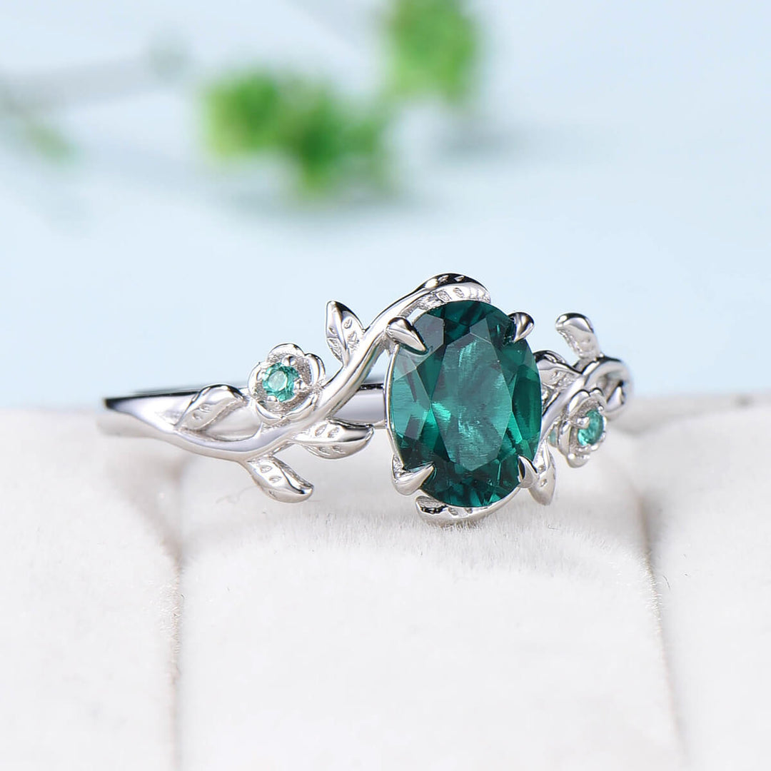 Nature inspired flower emerald engagement ring vintage floral branch emerald wedding ring unique twig leaves May birthstone anniversary ring - PENFINE